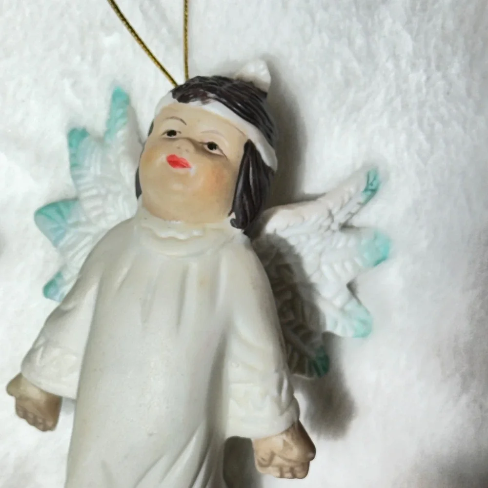 Vintage Native American Angel Ornament Set Porcelain Christmas Cherubs 4pc Multi